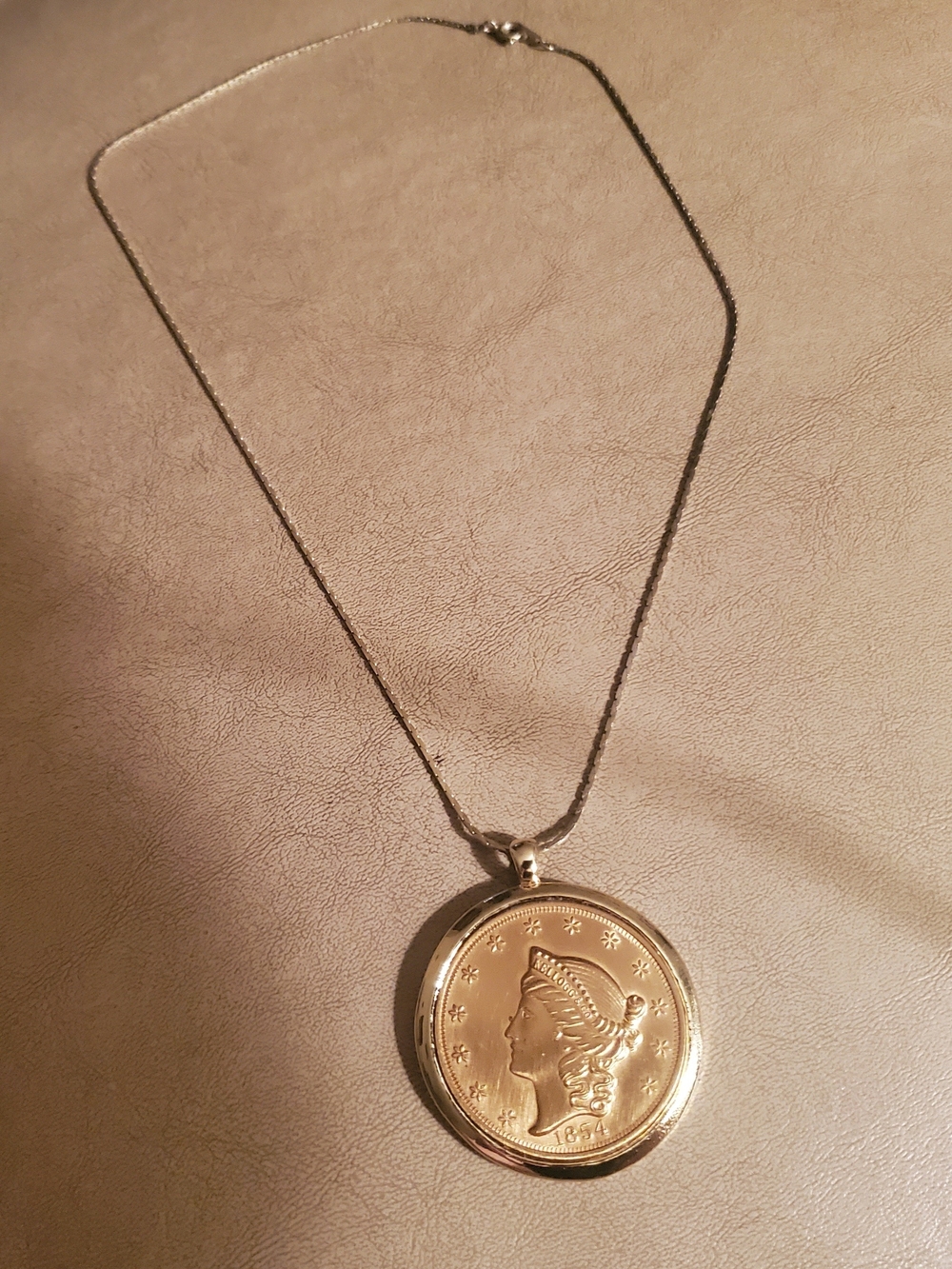1854 Liberty Head Coin Replica Vintage Gold Necklace Kellogg & Co Antique Chain